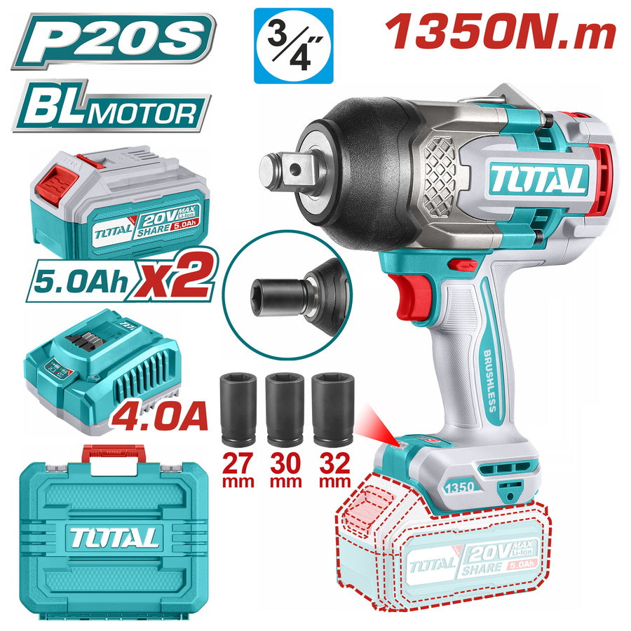Clé à chocs sans fil brushless TOTAL 20 V 1350 N.m carré 3/4 pouce