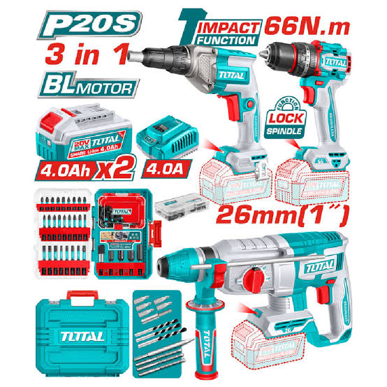 Coffret kit combo sans fil TOTAL TOSLI250591 Brushless 20 V avec 5 outils et 2 batteries