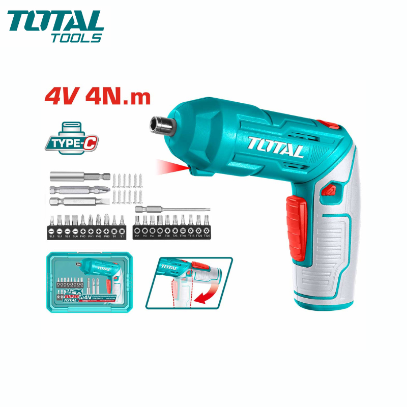 Visseuse sans fil TOTAL TSDLI04425 4 V avec embouts, lampe LED et mallette