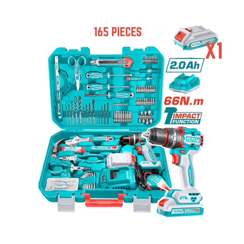Perceuse visseuse 20V avec Jeu d’outils à Main 165 Pièces — TOTAL THKTHP11652