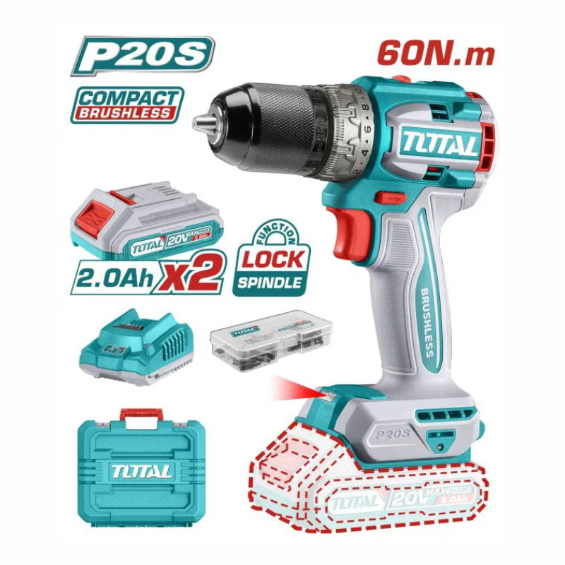 Perceuse sans fil TOTAL TDLI20602 Li-ion 20 V Brushless avec batteries, chargeur et mallette