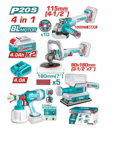 Coffret kit combo sans fil TOTAL TOSLI250696 Brushless 20 V avec 4 outils et 2 batteries
