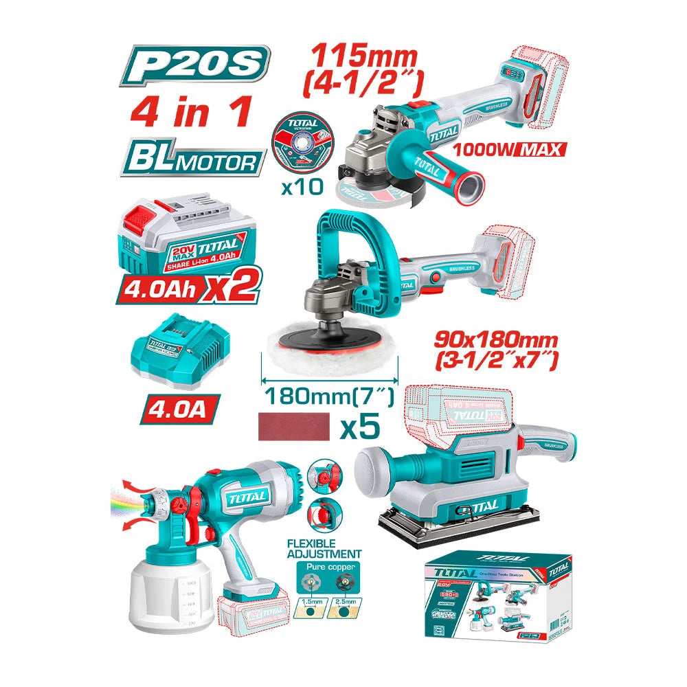 Coffret kit combo sans fil TOTAL TOSLI250696 Brushless 20 V avec 4 outils et 2 batteries