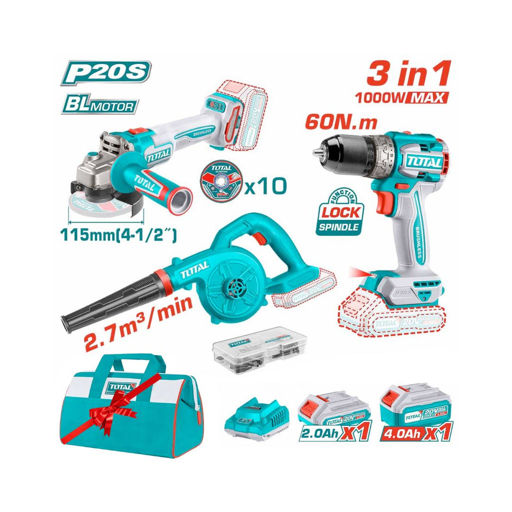 Pack 3 outils sans fil 20V – Visseuse, Meuleuse, souffleur TOTAL TOSLI241192