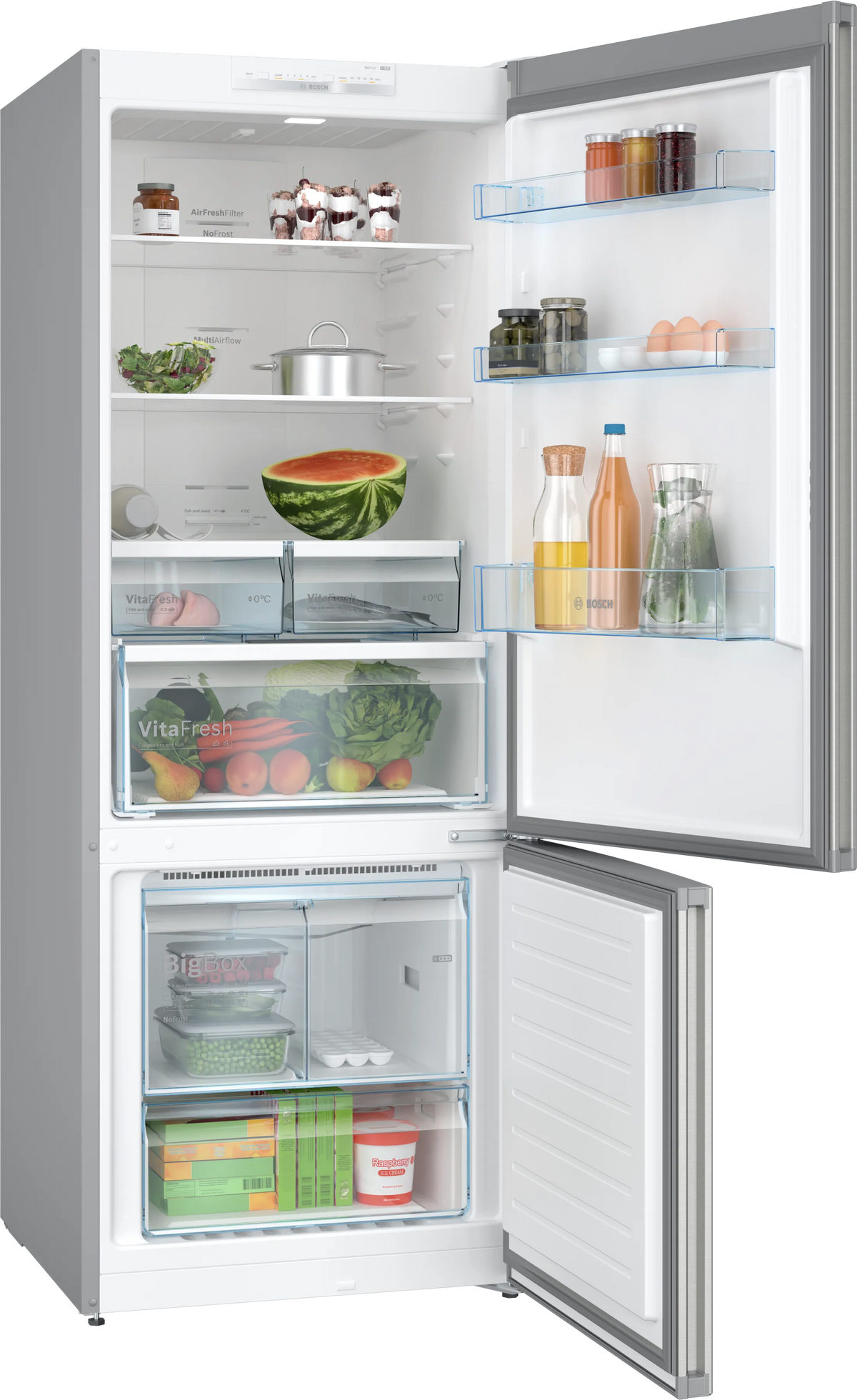 Bosch KGN55VI2M9 portes ouvertes, réfrigérateur et congélateur remplis