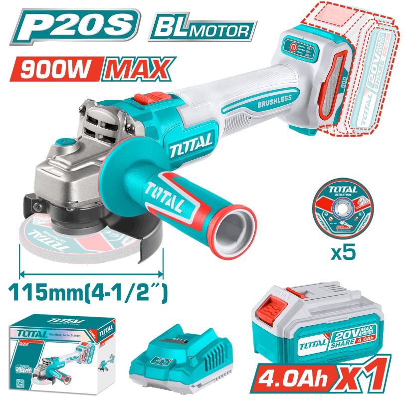 Meuleuse d'angle sans fil brushless TOTAL TAGLI261521 20 V disque 115 mm avec batterie et chargeur