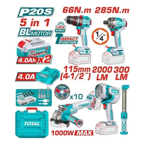 Kit 3 outils sans fil 20V Perceuse à percussion + Meuleuse + Marteau perforateur TOTAL TOSLI250692