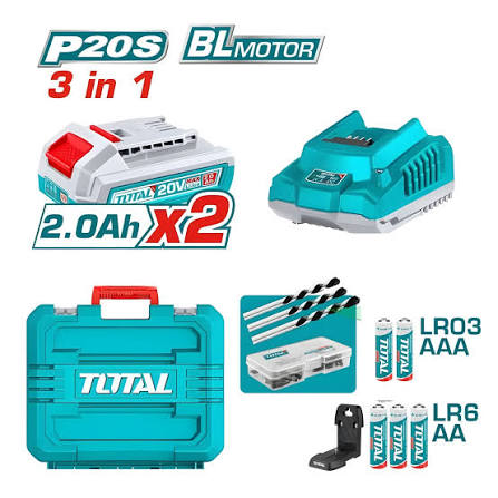 Kit Combo Sans Fil Brushless 20V 5 Outils avec 2 Batteries 2,0 Ah TOTAL TOSLI250511