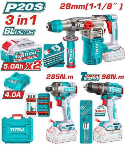 Kit combo sans fil TOTAL TOSLI250693 20 V Brushless, 3 outils et 2 batteries 5,0 Ah