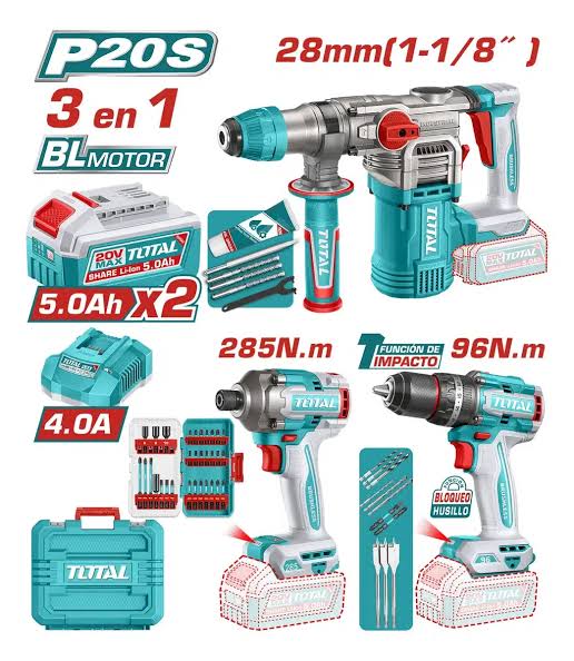 Kit combo sans fil TOTAL TOSLI250693 20 V Brushless, 3 outils et 2 batteries 5,0 Ah