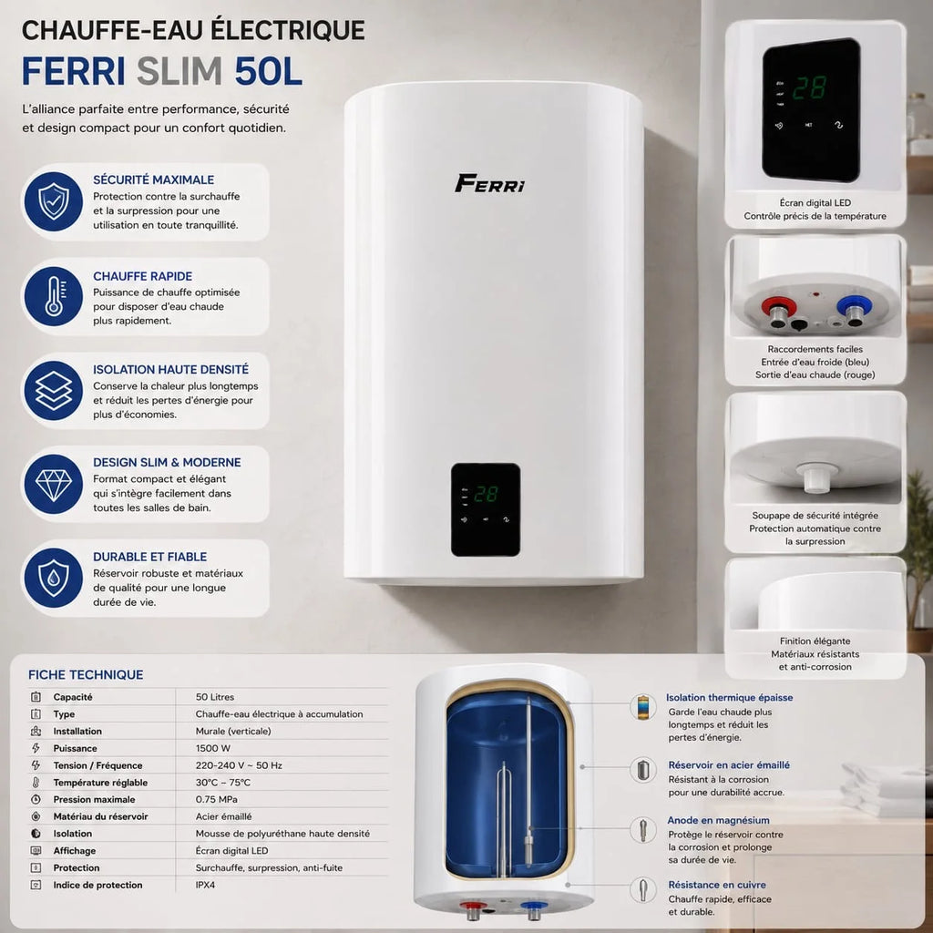 chauffe eau electrique slim Ferri (Blanc) 50L