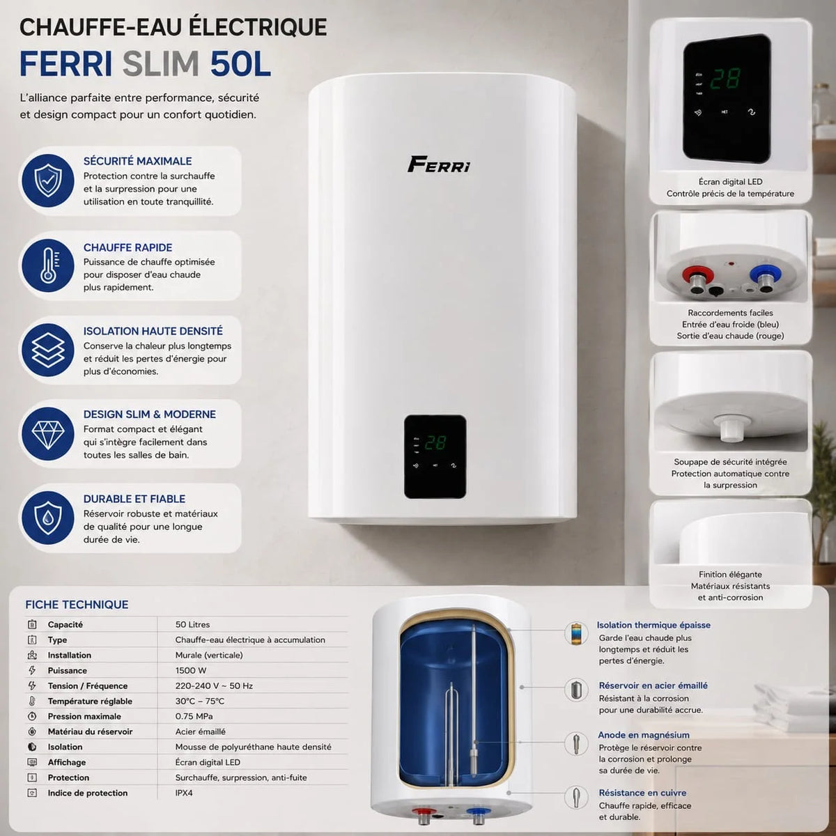 chauffe eau electrique slim Ferri (Blanc) 50L