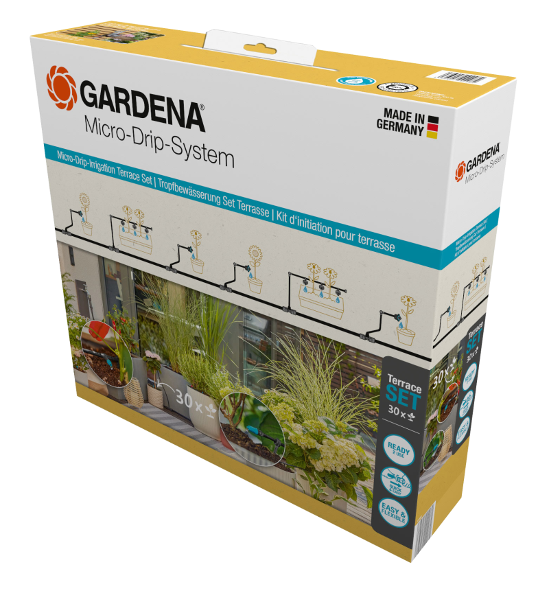 Contenu complet du kit goutte-à-goutte Gardena pour terrasse