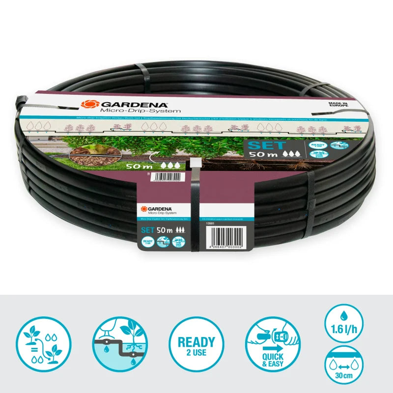 Schéma d'installation du kit Gardena 50 m de tuyau à goutteurs incorporés
