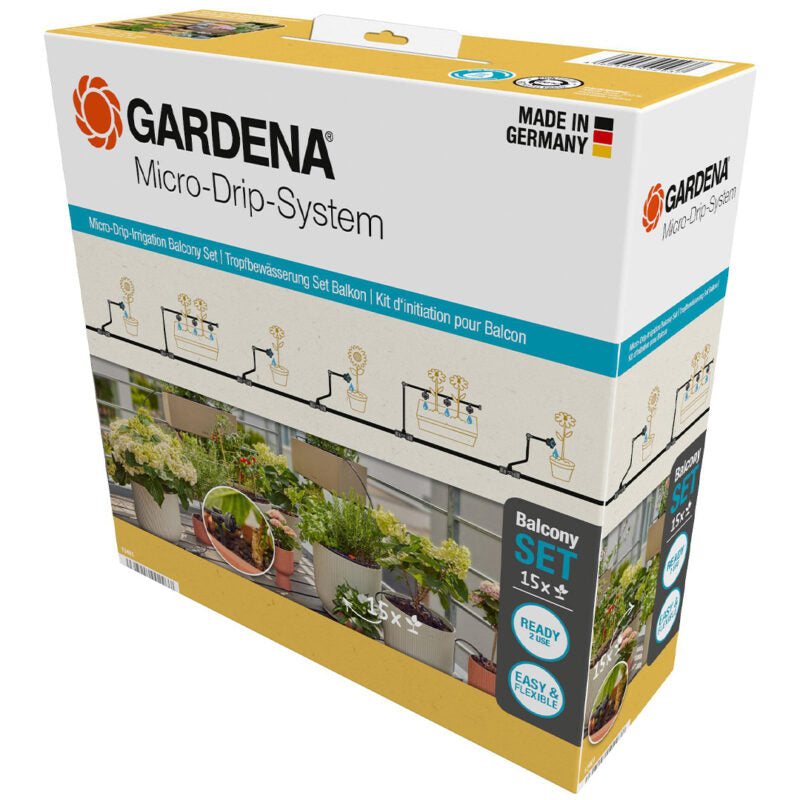 Kit d'arrosage goutte-à-goutte Gardena pour balcon, jusqu'à 15 plantes, contenu du coffret