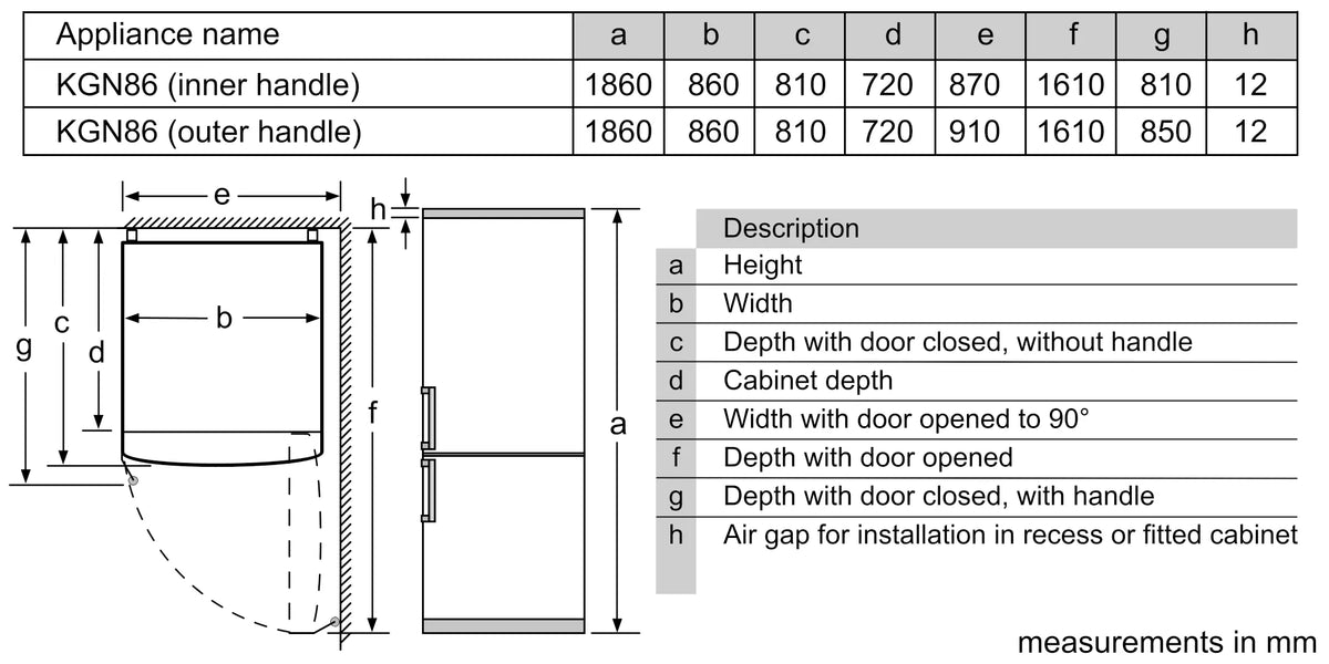 Schéma des dimensions du combiné Bosch KGN86AI30U