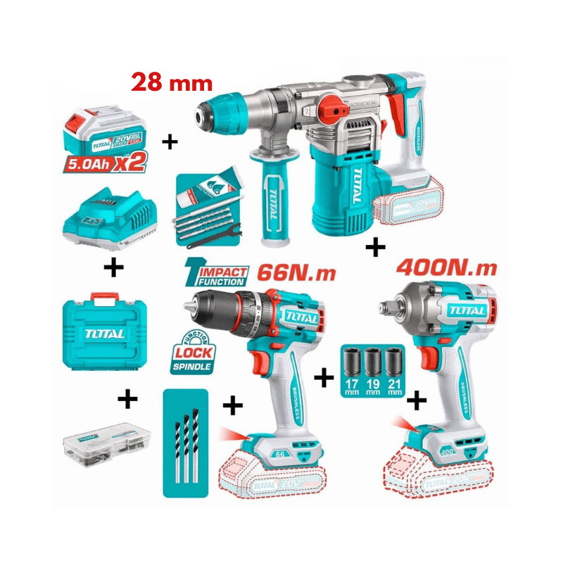 PACK Boulonneuse 400Nm Perceuse Brushless 66Nm Marteau Perforateur 28mm 20V TOTAL TCKLI20638