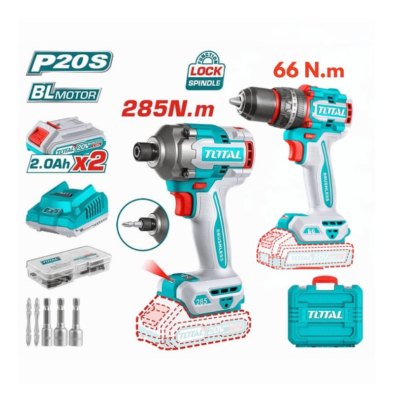 Pack Clé a choc 285N.m Perceuse visseuse 20V 66N.m TOTAL TCKLI20277