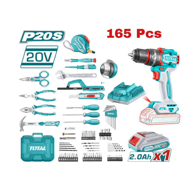 Perceuse visseuse 20V avec Jeu d’outils à Main 165 Pièces TOTAL THKTHP11652