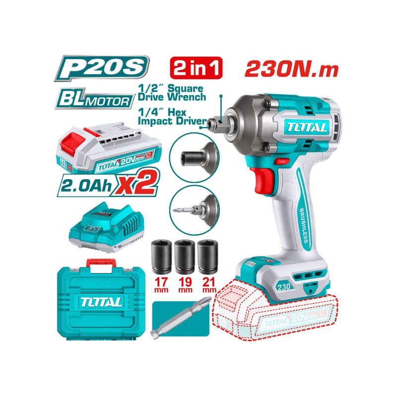 Perceuse à percussion 2-en-1 et tournevis 230Nm avec 2 piles TOTAL TIWLI20236