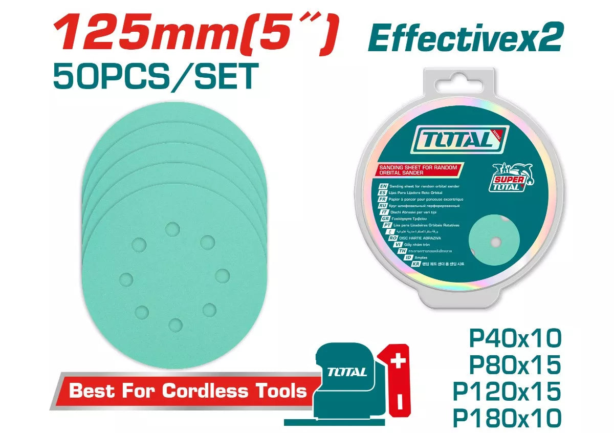 Feuilles abrasives pour ponceuse orbitale 125 mm – 50 pièces TOTAL TAC125050