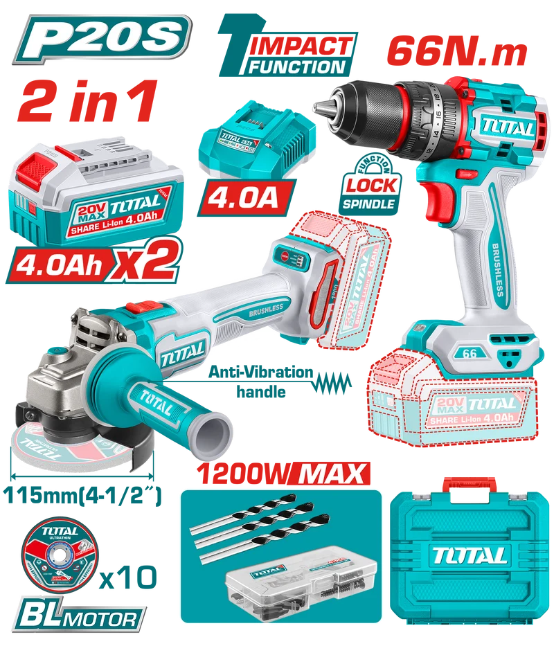 Kit combiné sans fil : perceuse à percussion sans balais 20 V (66 Nm), meuleuse d’angle 114 mm (4,5 pouces), 2 batteries 4,0 Ah et chargeur. TOTAL TCKLI20256