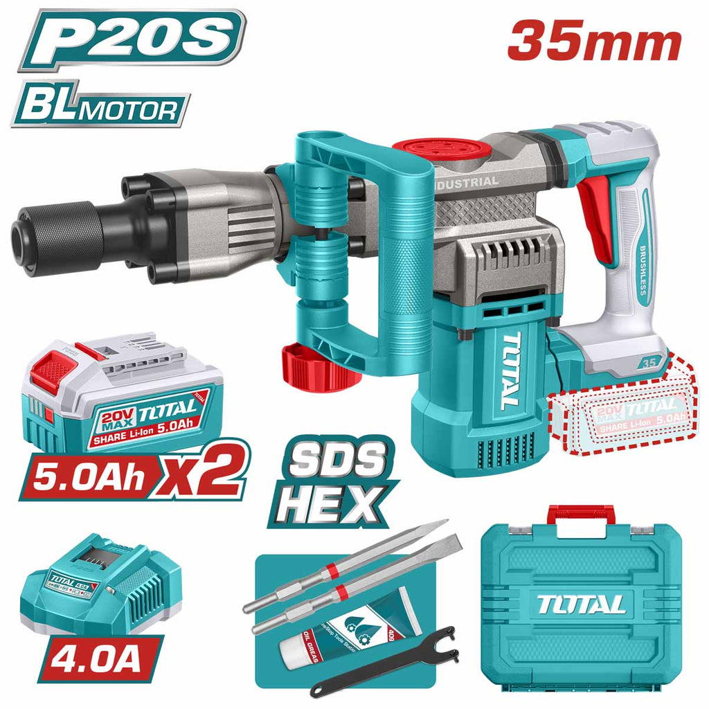 Marteau démolisseur sans fil TOTAL TDBLI203582 20 V Brushless avec 2 batteries 5 Ah