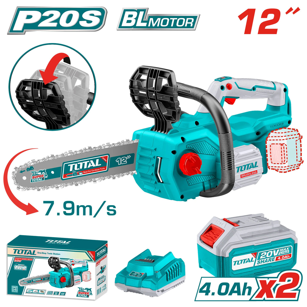 Scie à chaîne sans fil TOTAL TGSLI201286 20 V brushless guide 12 pouces