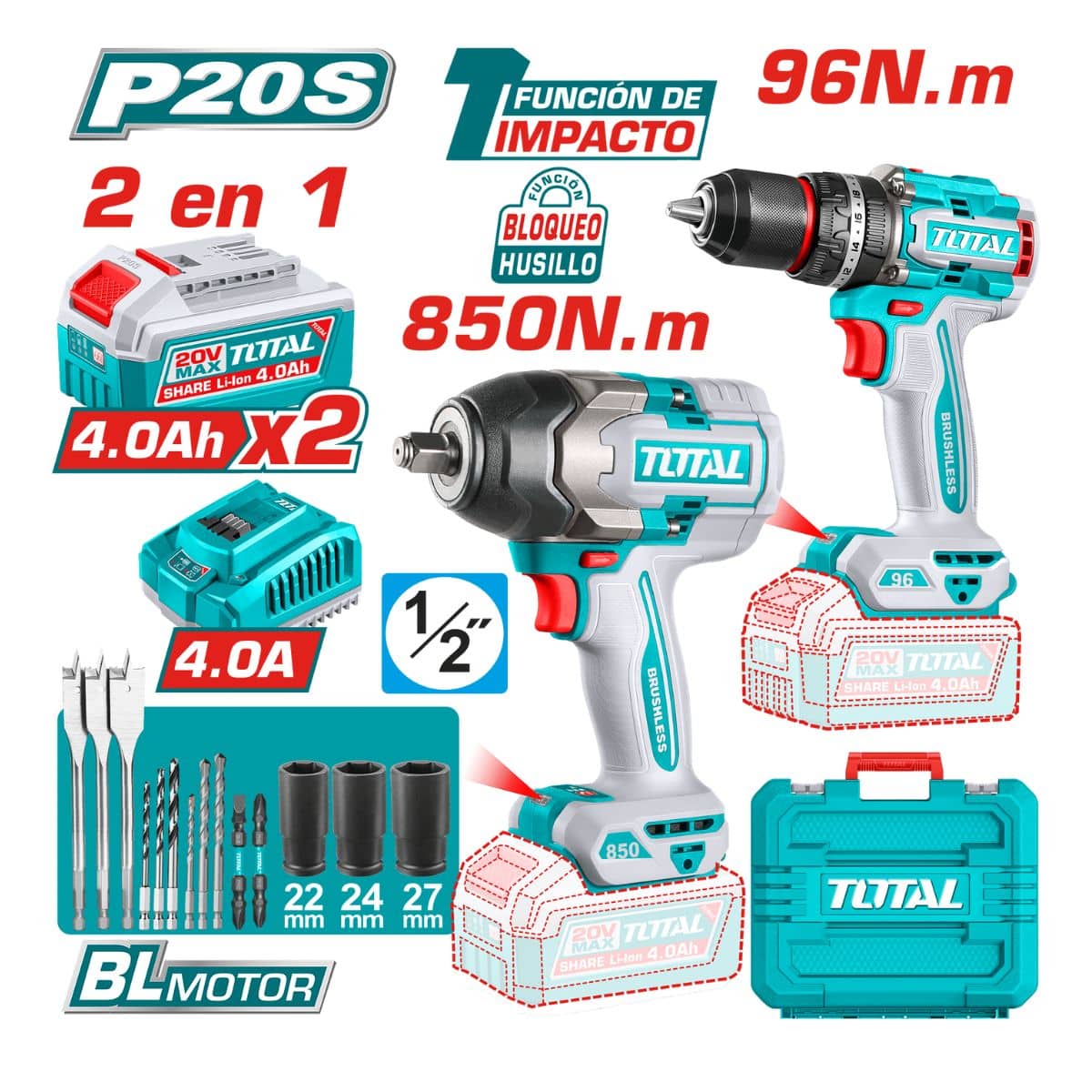 Kit Combo Sans Fil Brushless 20V 5 Outils avec 2 Batteries 5,0 Ah TOTAL TOSLI250586