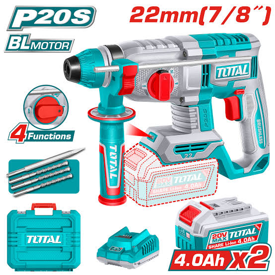 Marteau perforateur sans fil TOTAL TRHLI212282 20 V brushless SDS-Plus avec 2 batteries