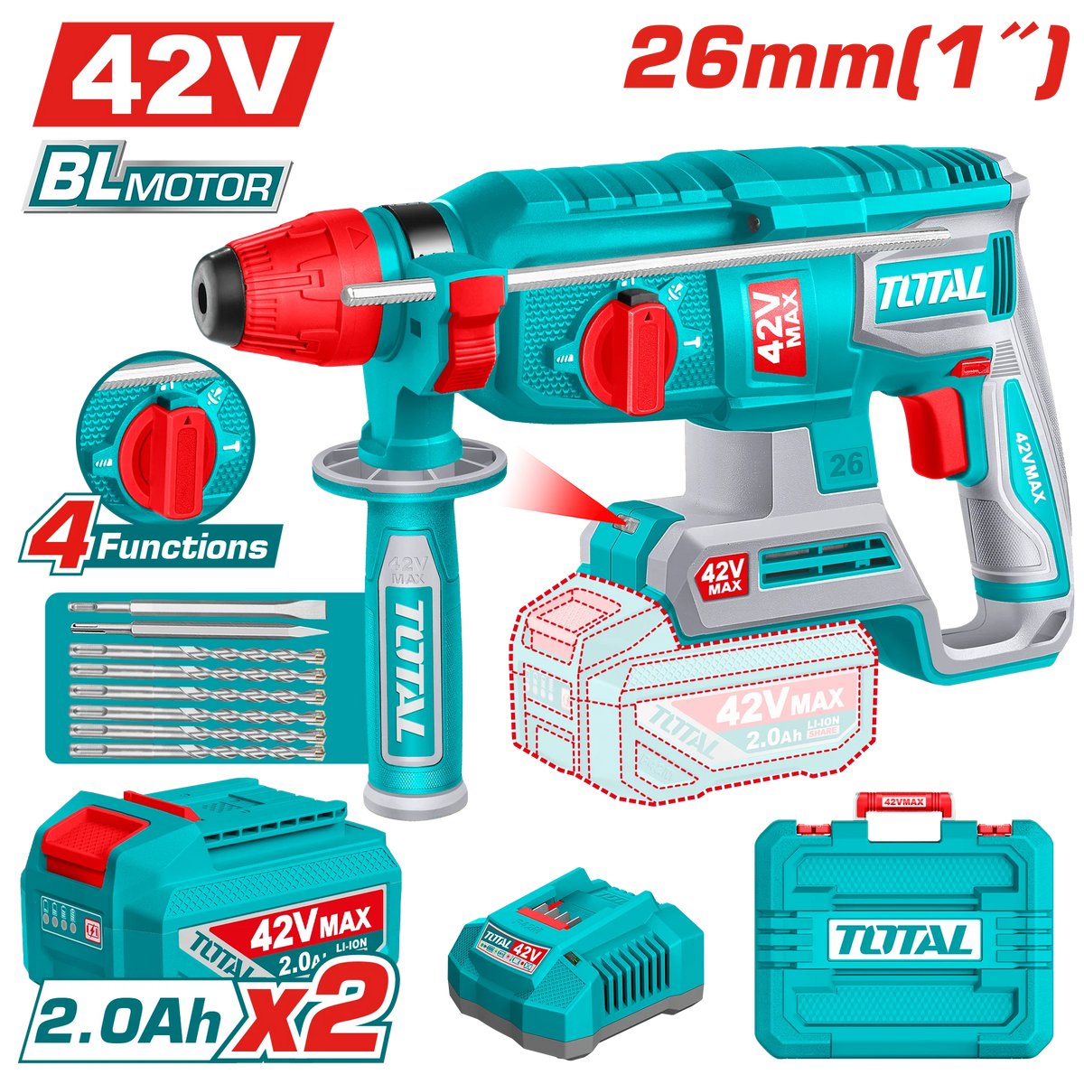 Marteau perforateur sans fil TOTAL TRHLI422682 pour perçage, percussion et burinage