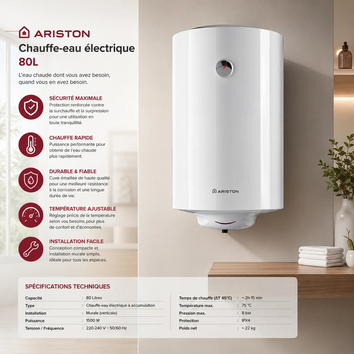 chauffe eau electrique Ariston 80L