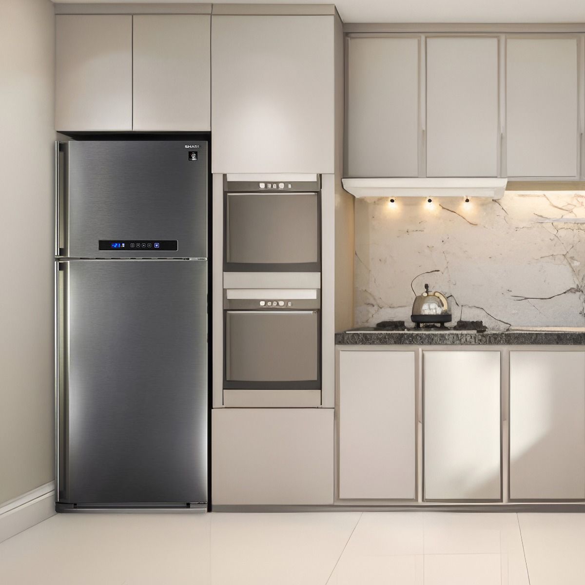 Réfrigérateur Sharp SJ-PC48A inox installé dans une cuisine