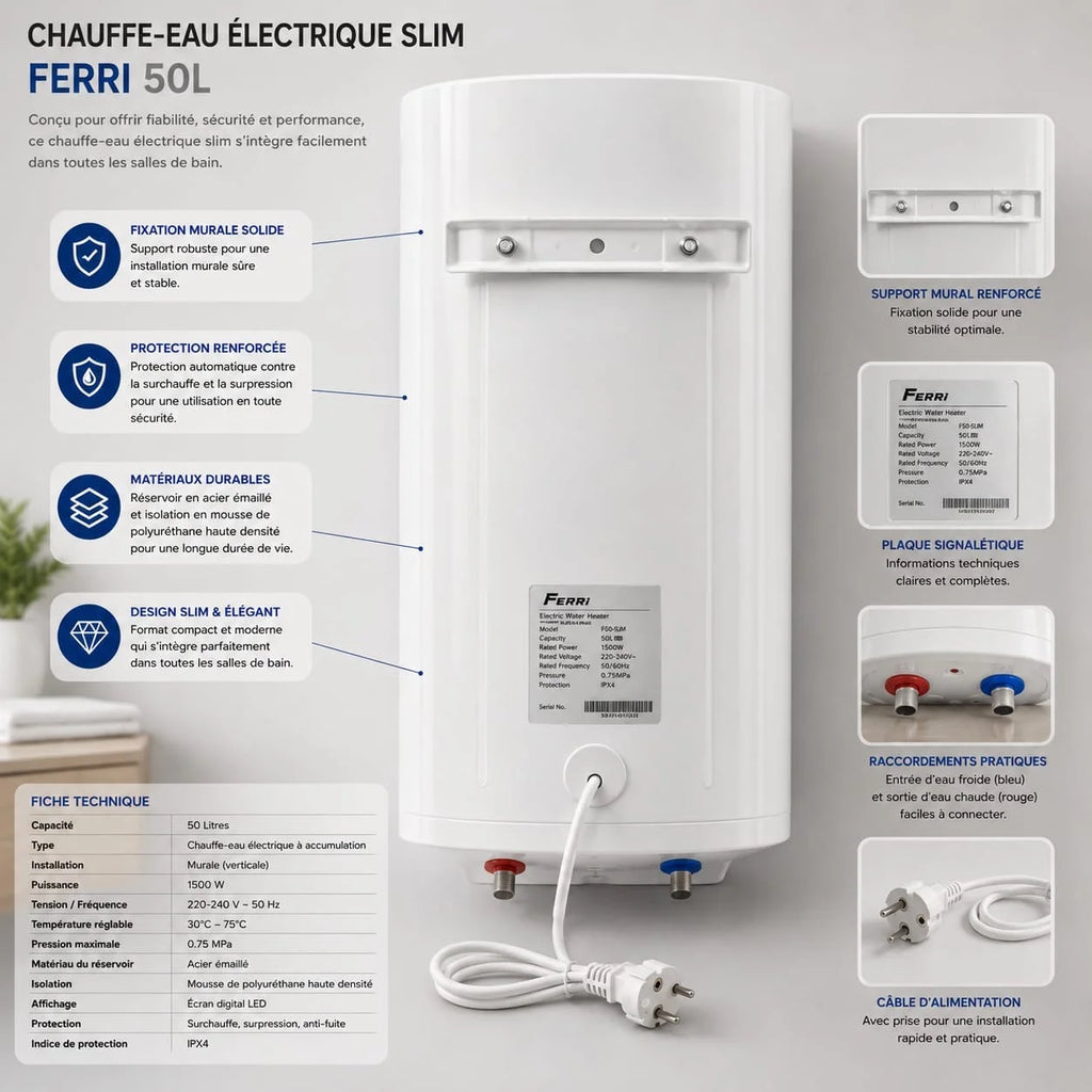 chauffe eau electrique slim Ferri (Blanc) 50L