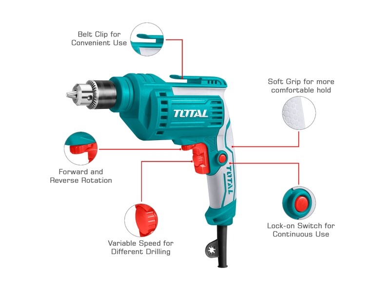 Perceuse visseuse électrique filaire TOTAL TD55108 550 W, mandrin 1 à 10 mm