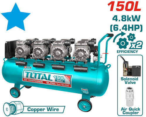 Compresseur d’air 150 L sans huile 6,4 HP TOTAL TCS4481508