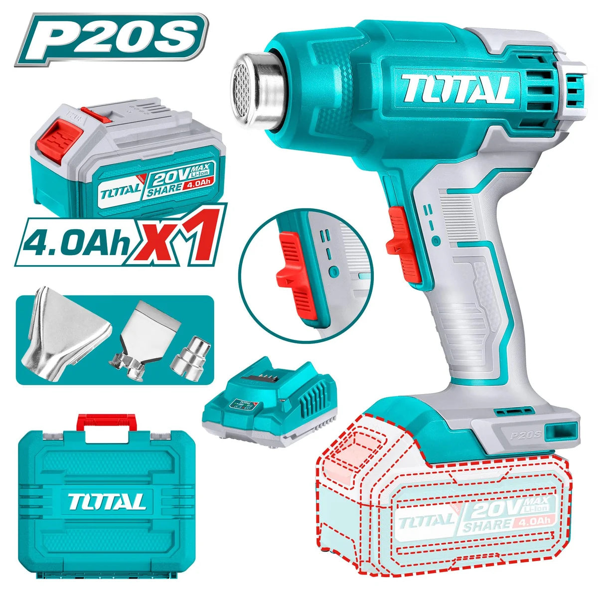 Pistolet à air chaud sans fil TOTAL TBLI20065 20 V avec batterie