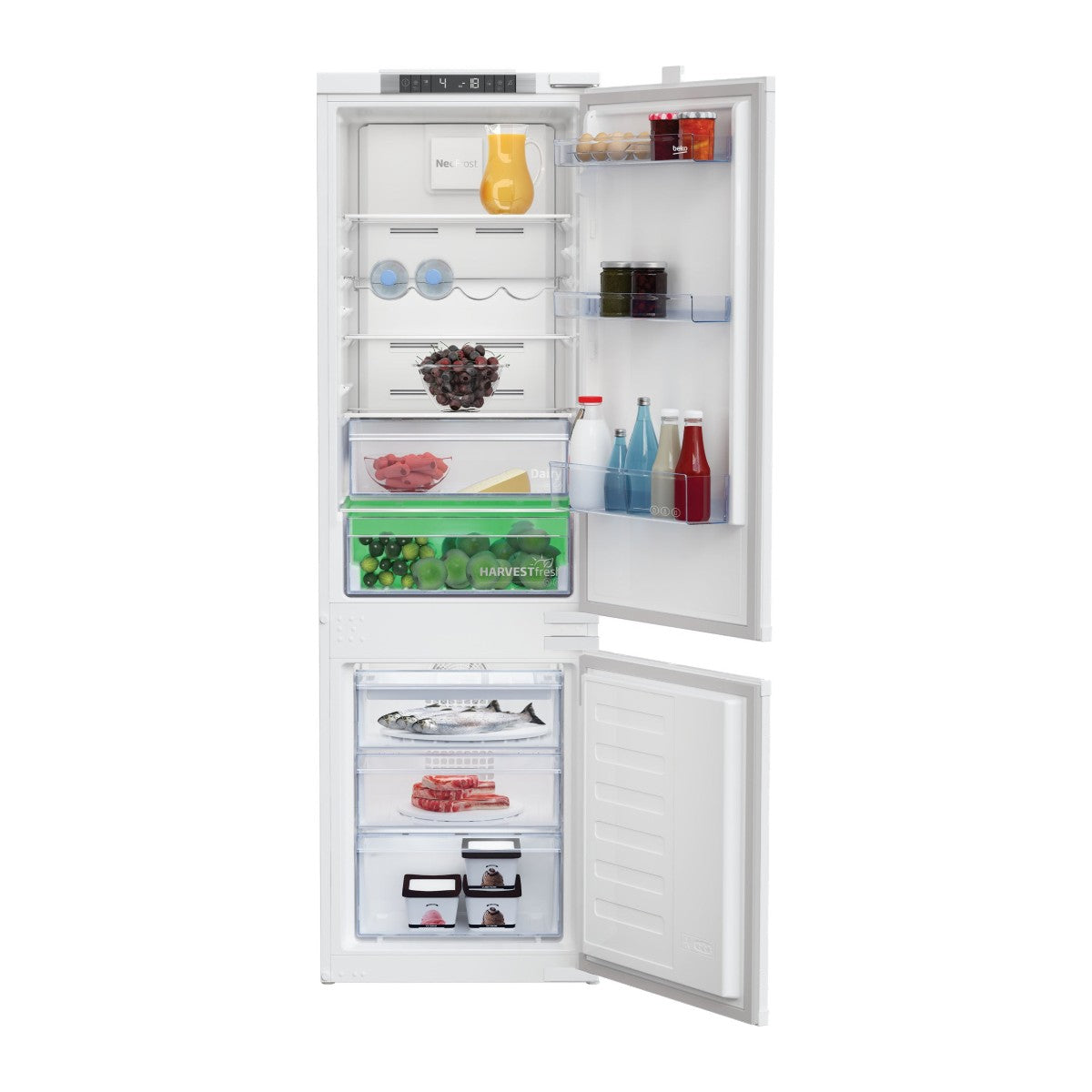 Réfrigérateur combiné encastrable Beko BCNA300E3W, portes ouvertes