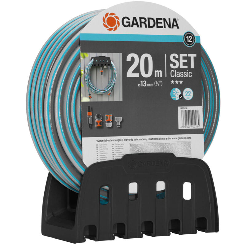Tuyau d'arrosage Classic 20 m avec porte-tuyau mural et accessoires Gardena — vue d'ensemble