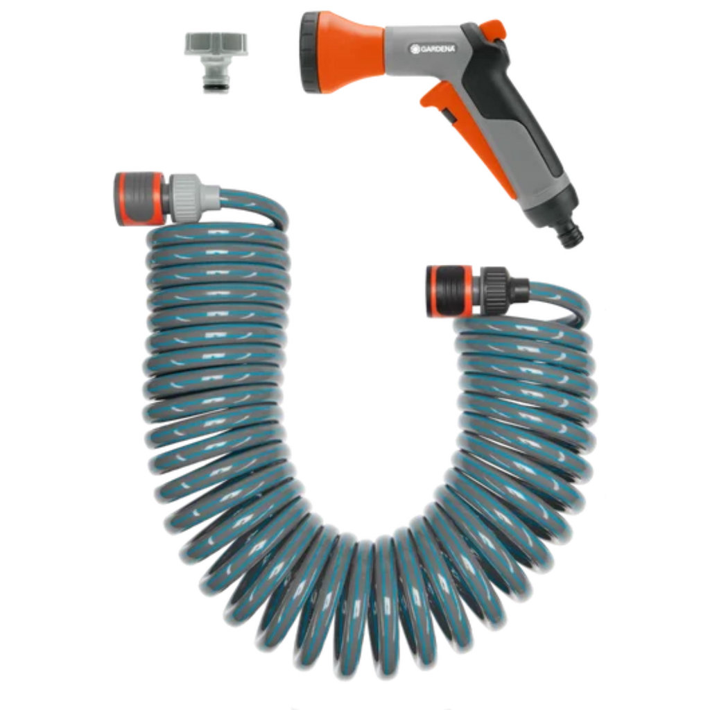 Kit tuyau d'arrosage spiralé Gardena 10 m avec pulvérisateur et raccords, vue d'ensemble
