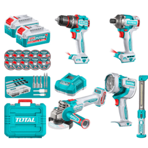 Kit 5 en 1 : perceuse à percussion 66 Nm + visseuse à chocs 285 Nm + meuleuse 1 000 W + lampe torche