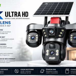 Caméra de surveillance solaire 6K Ultra HD Triple Lens 360° avec détection de mouvement