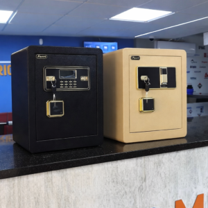 Coffre -fort doré électronique avec empreinte , clavier digital et clé _ sécurité bureau & maison